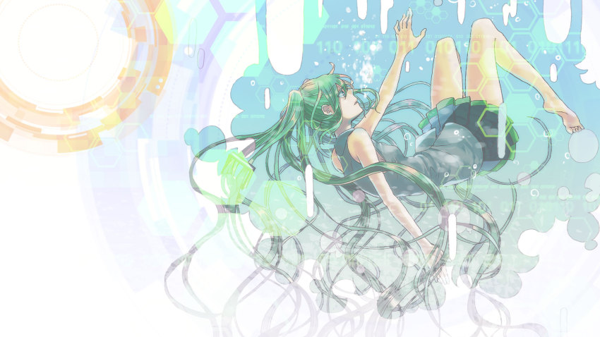 1girl 38page bad_id bad_pixiv_id barefoot female_focus green_eyes green_hair hatsune_miku highres long_hair matching_hair/eyes reaching skirt solo sumi_(38page) very_long_hair vocaloid