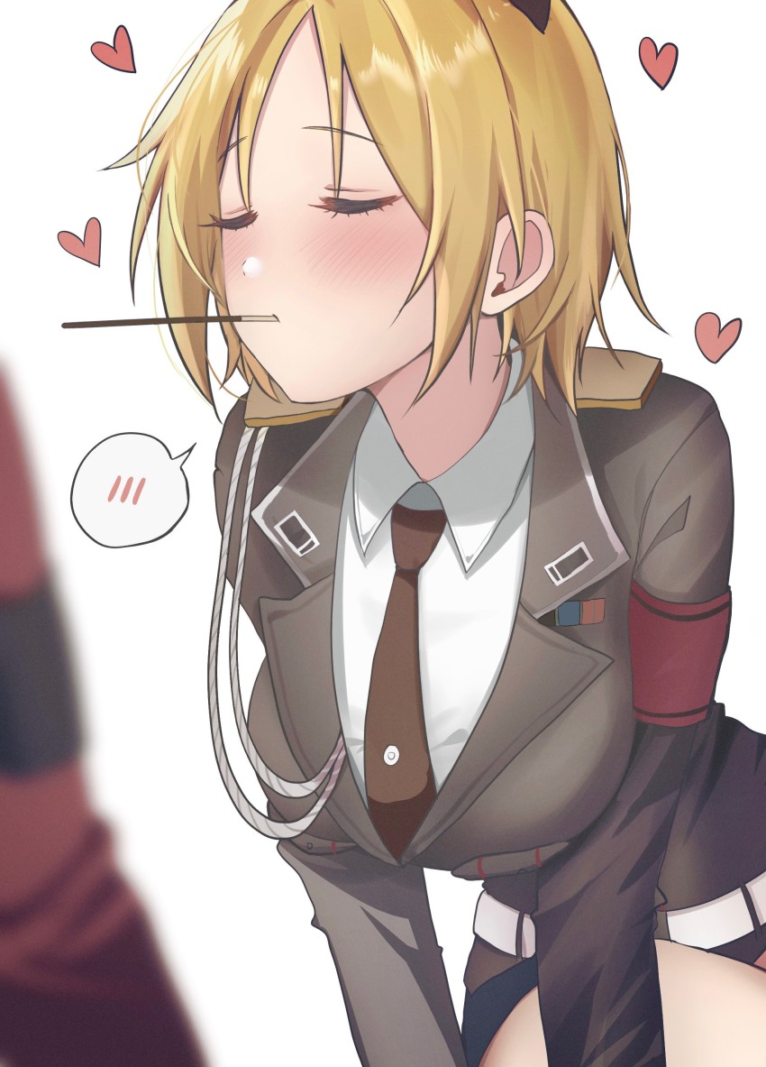 1girl 1other absurdres aiguillette armband black_jacket black_necktie black_skirt blonde_hair blush closed_eyes commission food food_in_mouth girls&#039;_frontline heart highres jacket leaning_forward medium_hair mp40_(girls&#039;_frontline) necktie phago pocky pocky_in_mouth red_armband red_jacket shirt skirt solo_focus speech_bubble white_background white_shirt