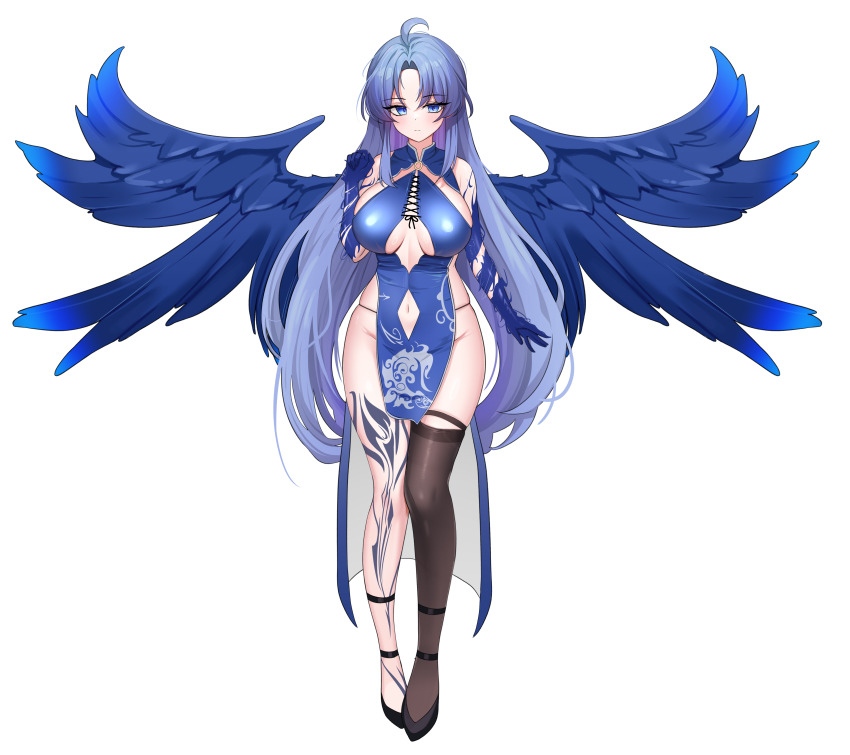 1girl absurdres ahoge bare_arms bare_shoulders black_footwear blue_dress blue_eyes blue_hair blue_wings breasts breasts_apart brown_thighhighs china_dress chinese_clothes closed_mouth clothing_cutout colored_extremities commission dress expressionless feathered_wings full_body hand_up highres large_breasts long_hair looking_at_viewer navel navel_cutout original panty_straps parted_bangs pelvic_curtain revealing_clothes shoes short_dress simple_background single_thighhigh skindentation sleeveless sleeveless_dress solo spaghetti_strap standing suisen_(suisenhwa) thighhighs thighs underboob_cutout very_long_hair white_background wings