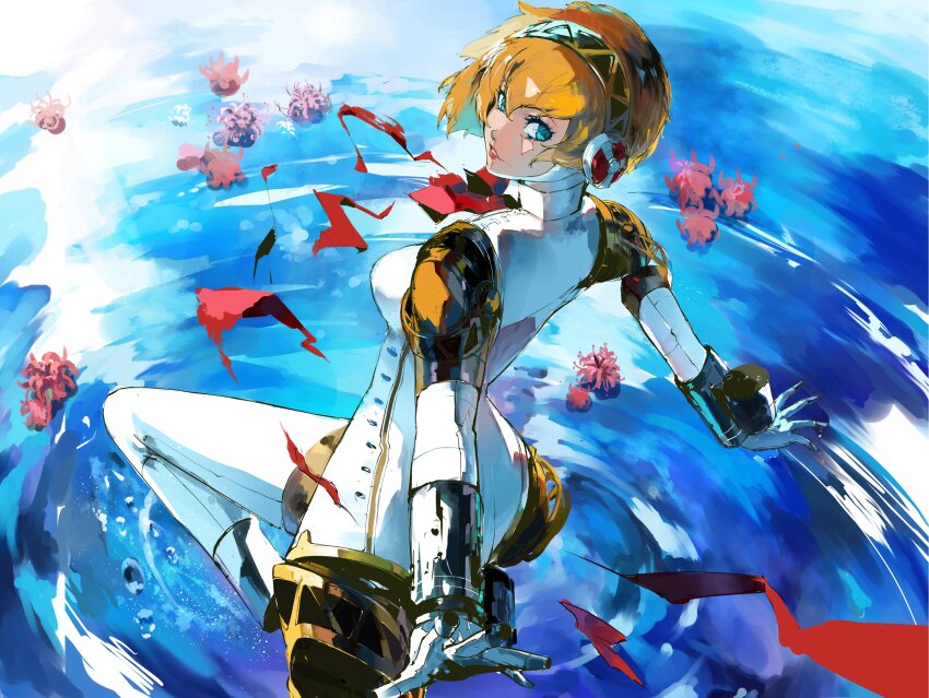 1girl a-pose absurdres aegis_(persona) android blonde_hair blue_eyes breasts finger_cannon flower from_behind gloves gold_hairband hairband highres joints knee_up leg_up looking_at_viewer looking_back neck_ribbon neo_(blazykun) no_feet open_cylinder_(revolver) parted_lips persona persona_3 red_flower red_lips red_ribbon ribbon ripples robot_ears robot_girl robot_joints short_hair smile solo spider_lily standing standing_on_one_leg unfinished water white_gloves