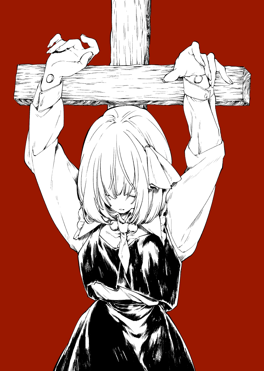 1girl absurdres closed_eyes collared_shirt cross fingernails frilled_shirt_collar frills greyscale_with_colored_background hair_ribbon highres long_sleeves open_mouth red_background ribbon rumia shirt short_hair simple_background skirt solo touhou vest yamazaki_tsukune