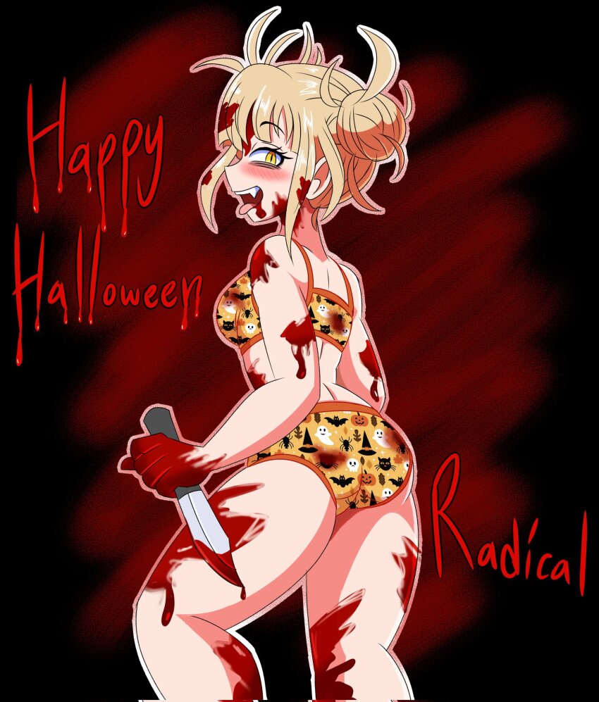 1girl blood boku_no_hero_academia bra happy_halloween highres imsomethingradical knife panties print_bra print_panties toga_himiko underwear underwear_only