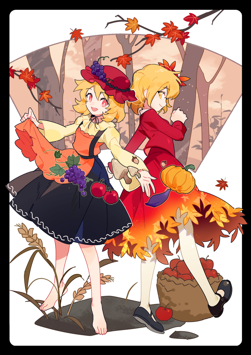 2girls :d absurdres acorn aibivy aki_minoriko aki_shizuha apple apron apron_basket apron_hold autumn autumn_leaves barefoot basket black_border black_footwear black_skirt blonde_hair blouse bob_cut border branch bright_pupils clenched_hand closed_mouth clothing_cutout collared_shirt dirt dot_nose food food-themed_hair_ornament frilled_apron frilled_shirt_collar frills from_behind from_side fruit fruit_basket full_body gradient_clothes gradient_skirt grape_hair_ornament grapes hair_between_eyes hair_ornament hat hat_ornament heel_up highres leaf legs_apart long_sleeves looking_at_viewer looking_to_the_side maple_leaf mary_janes medium_skirt mob_cap multiple_girls mushroom open_hand open_mouth orange_apron outside_border outstretched_arm outstretched_arms outstretched_hand pantyhose pleated_skirt profile pumpkin red_headwear red_shirt red_skirt round_teeth rounded_corners shirt shoe_soles shoes short_hair siblings sideways_glance sisters skirt skirt_set smile standing sweet_potato teeth toes touhou tree upper_teeth_only vegetable wheat white_background white_legwear white_pupils yellow_eyes yellow_shirt