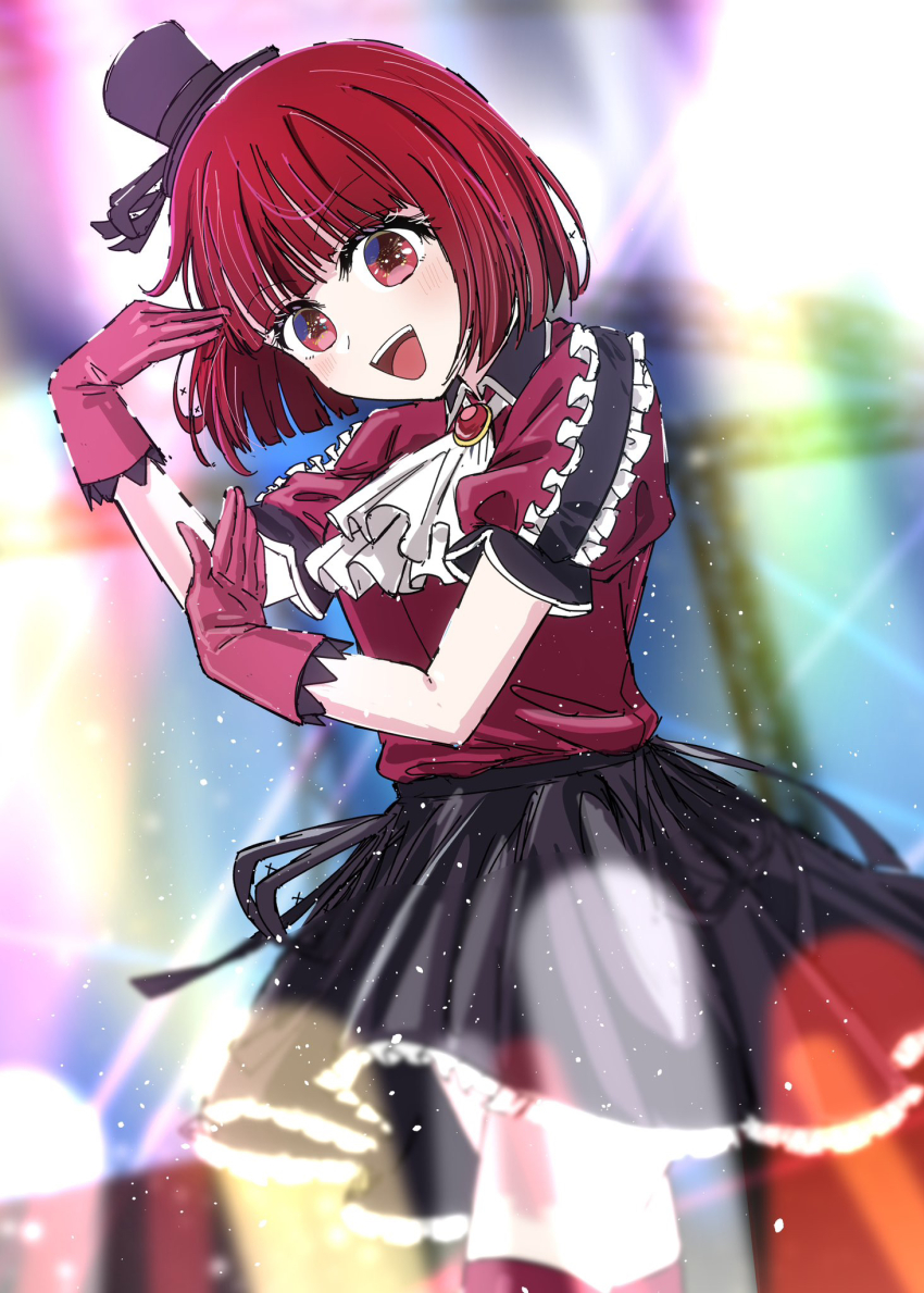 1girl anju_(artist) arima_kana ascot black_hat black_skirt blush commentary frilled_shirt frills gloves glowstick hat highres idol idol_clothes mini_hat open_mouth oshi_no_ko penlight_(glowstick) pink_gloves puffy_short_sleeves puffy_sleeves red_brooch red_eyes red_hair red_shirt red_thighhighs shirt shirt_tucked_in short_hair short_sleeves skirt smile solo teeth thighhighs upper_teeth_only white_ascot