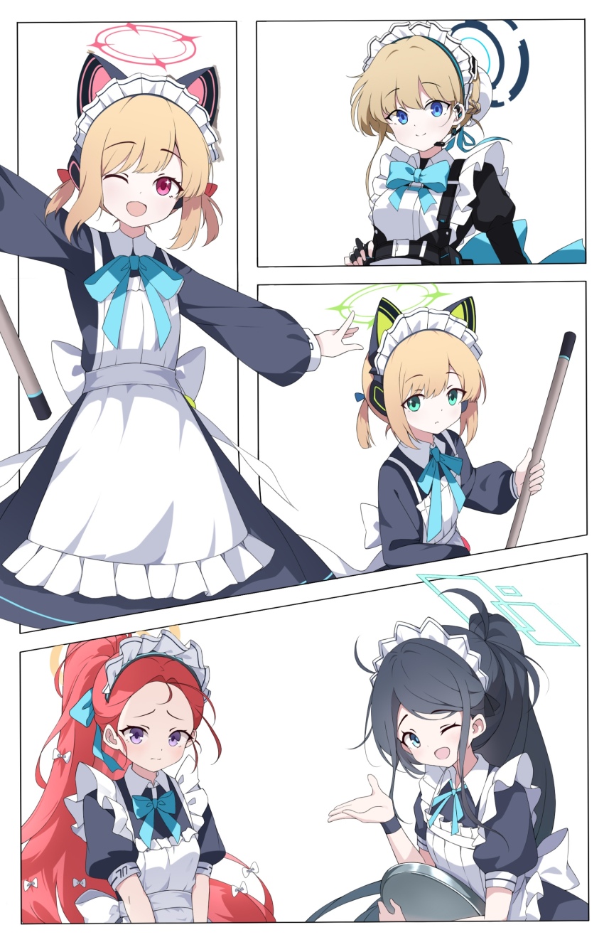 absurdres apron aris_(blue_archive) aris_(maid)_(blue_archive) black_hair blonde_hair blue_archive blue_eyes game_development_department_(blue_archive) green_eyes highres maid_apron maid_headdress midori_(blue_archive) midori_(maid)_(blue_archive) momoi_(blue_archive) momoi_(maid)_(blue_archive) official_alternate_costume official_alternate_hairstyle one_eye_closed pink_eyes ponytail purple_eyes red_hair toki_(blue_archive) xianyu_(pixiv9677779) yuzu_(blue_archive) yuzu_(maid)_(blue_archive)