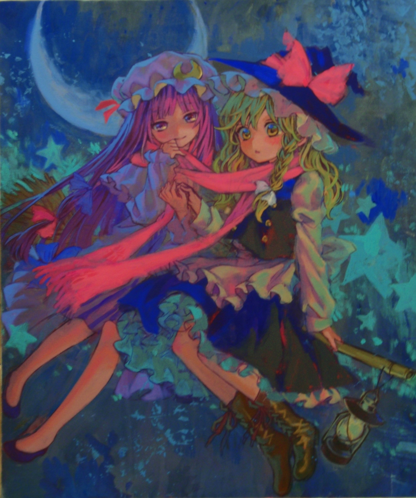 2girls ama-tou apron black_dress blonde_hair boots braid broom broom_riding capelet crescent crescent_moon dress female_focus full_body hair_ribbon hat highres holding_hands kirisame_marisa lamp long_hair moon multiple_girls multiple_riders no_socks patchouli_knowledge perfect_cherry_blossom purple_dress purple_eyes purple_hair ribbon scarf shared_clothes shared_scarf shirt smile star_(symbol) touhou traditional_media witch witch_hat yellow_eyes