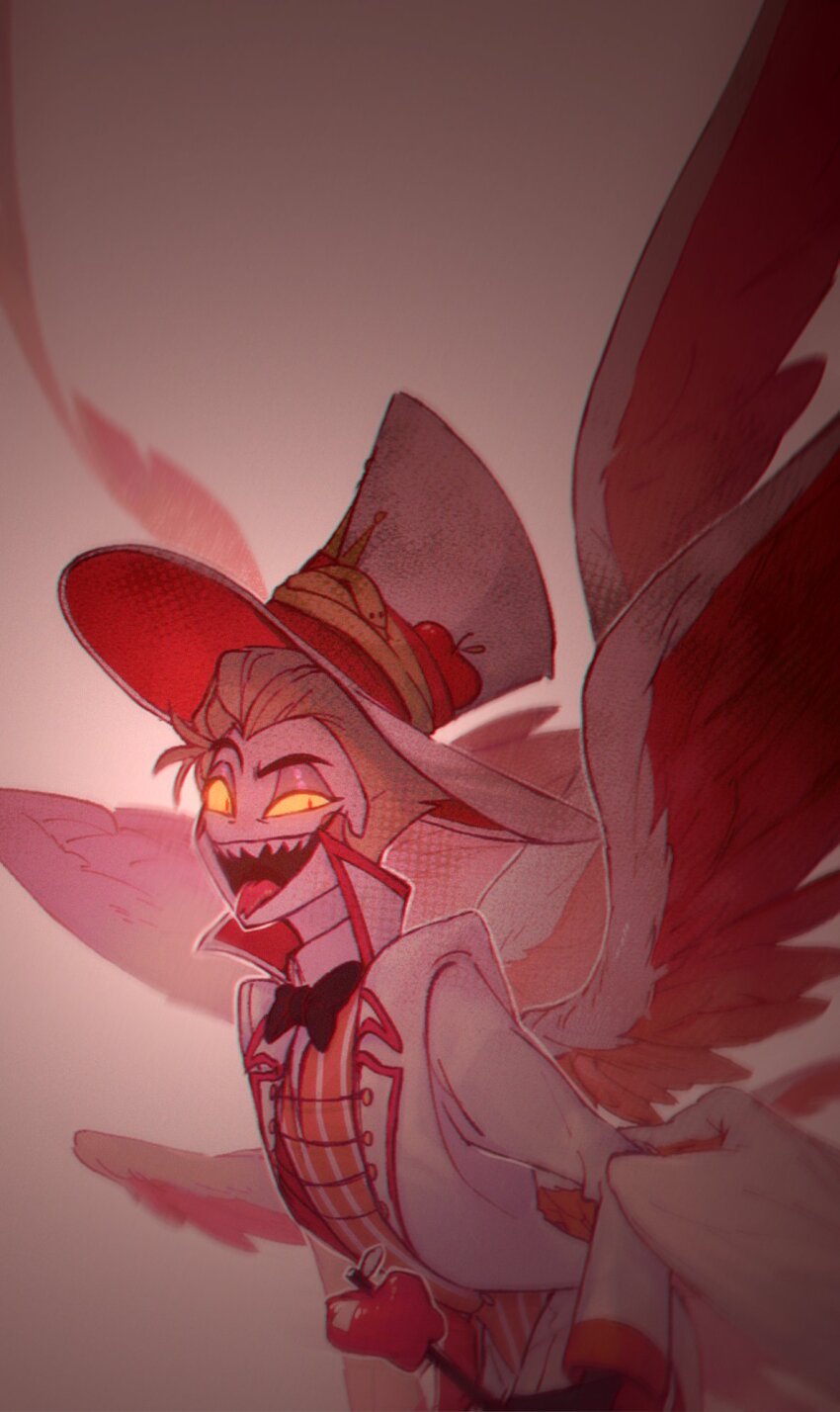 1boy blonde_hair charlie_morningstar demon_boy feathered_wings formal_clothes hazbin_hotel highres kajina_97 looking_at_viewer lucifer_morningstar_(hazbin_hotel) sharp_teeth solo suit teeth wings