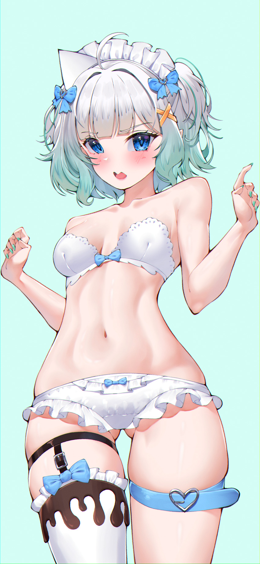 1girl absurdres ahoge ass bare_shoulders belt blue_belt blue_bow blue_eyes blush bow bow_bra bow_panties bra breasts collarbone frills gluteal_fold gradient_hair green_background green_hair green_nails grey_hair hair_bow highres himeliofon indie_virtual_youtuber maid_headdress mint_fantome multicolored_hair open_mouth panties pointy_ears short_hair single_thighhigh solo stomach strapless strapless_bra thigh_belt thigh_strap thighhighs underwear virtual_youtuber white_bra white_panties white_thighhighs