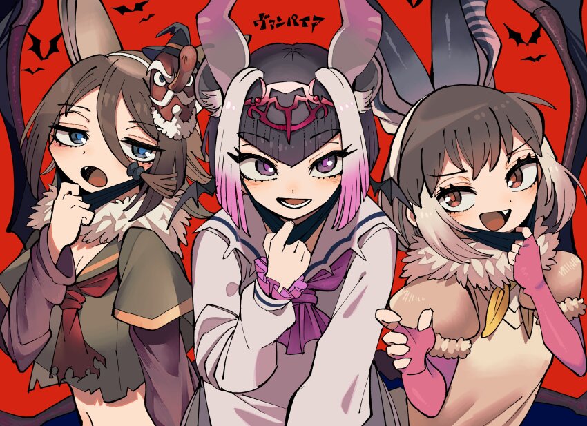 3girls absurdres animal_ears bat_(animal) bat_ears bat_girl bat_wings blue_eyes bow bowtie brown_eyes brown_hair brown_long-eared_bat_(kemono_friends) common_vampire_bat_(kemono_friends) elbow_gloves extra_ears fingerless_gloves gloves grey_hair halloween highres hilgendorf&#039;s_tube-nose_bat_(kemono_friends) kanmoku-san kemono_friends long_hair looking_at_viewer mask multiple_girls navel purple_eyes purple_hair red_background sailor_collar sailor_shirt school_uniform shirt simple_background skirt sweater_vest wings