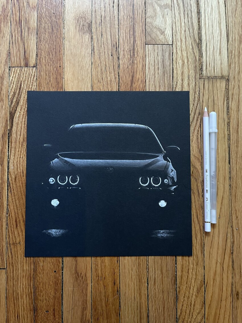 black_background black_theme bmw bmw_3_series bmw_e46 bmw_m3 car colored_pencil commentary english_commentary hannah_(handrawnby) headlight_beam highres ink_(medium) motor_vehicle no_humans original pencil photo_(medium) traditional_media vehicle_focus