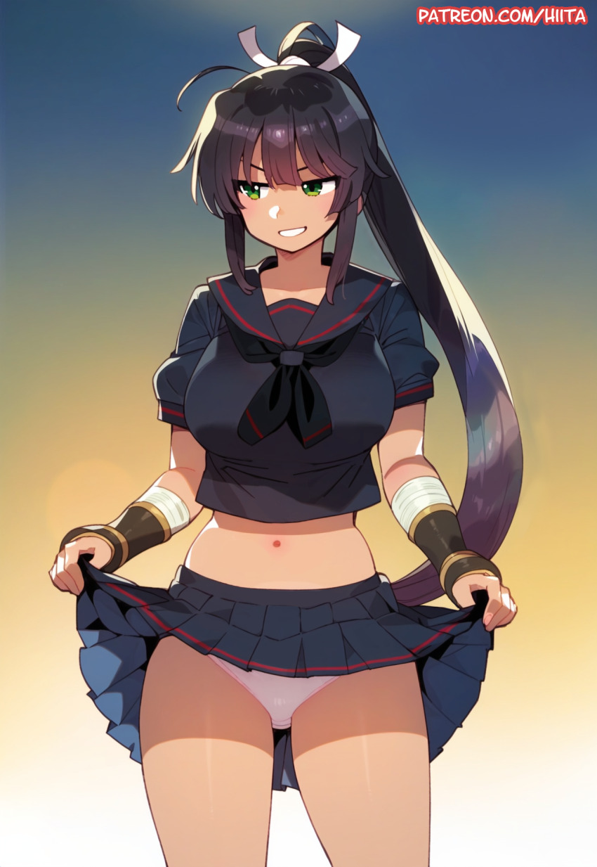 1girl ahoge ai-assisted armor black_hair black_serafuku black_skirt blue_background breasts clothes_lift curvy dark-skinned_female dark_skin gradient_background green_eyes grin hair_ribbon hebijo_academy_uniform high_ponytail highres hiita_(hitta_99) homura_(senran_kagura) japanese_armor kote kurokote large_breasts lens_flare lifting_own_clothes long_hair miniskirt navel panties pink_panties pleated_skirt ponytail ribbon school_uniform senran_kagura serafuku skirt skirt_lift smile solo tan teeth thighs underwear very_long_hair white_ribbon yellow_background