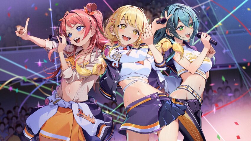 3girls adversarial_noise aqua_hair belt black_skirt blonde_hair blue_eyes blurry blush bra breasts clothes_around_waist clothes_writing confetti cowboy_shot crop_top crowd depth_of_field double_bun finger_heart floating_hair fujita_kotone gakuen_idolmaster green_eyes hair_bun hair_ornament hairclip hanami_saki hand_up hands_up hashtag-only_commentary highres hip_vent holding holding_microphone idol idolmaster jacket jacket_around_waist jacket_on_shoulders kainown light_particles long_hair long_sleeves looking_ahead microphone midriff miniskirt multiple_girls music navel open_clothes open_jacket open_mouth orange_bra orange_skirt pants pleated_skirt purple_pants red_hair ribbon shirt singing skirt smile solo_focus sports_bra standing stomach sweat tsukimura_temari two_side_up unbuttoned unbuttoned_shirt underwear white_shirt x_hair_ornament yellow_eyes