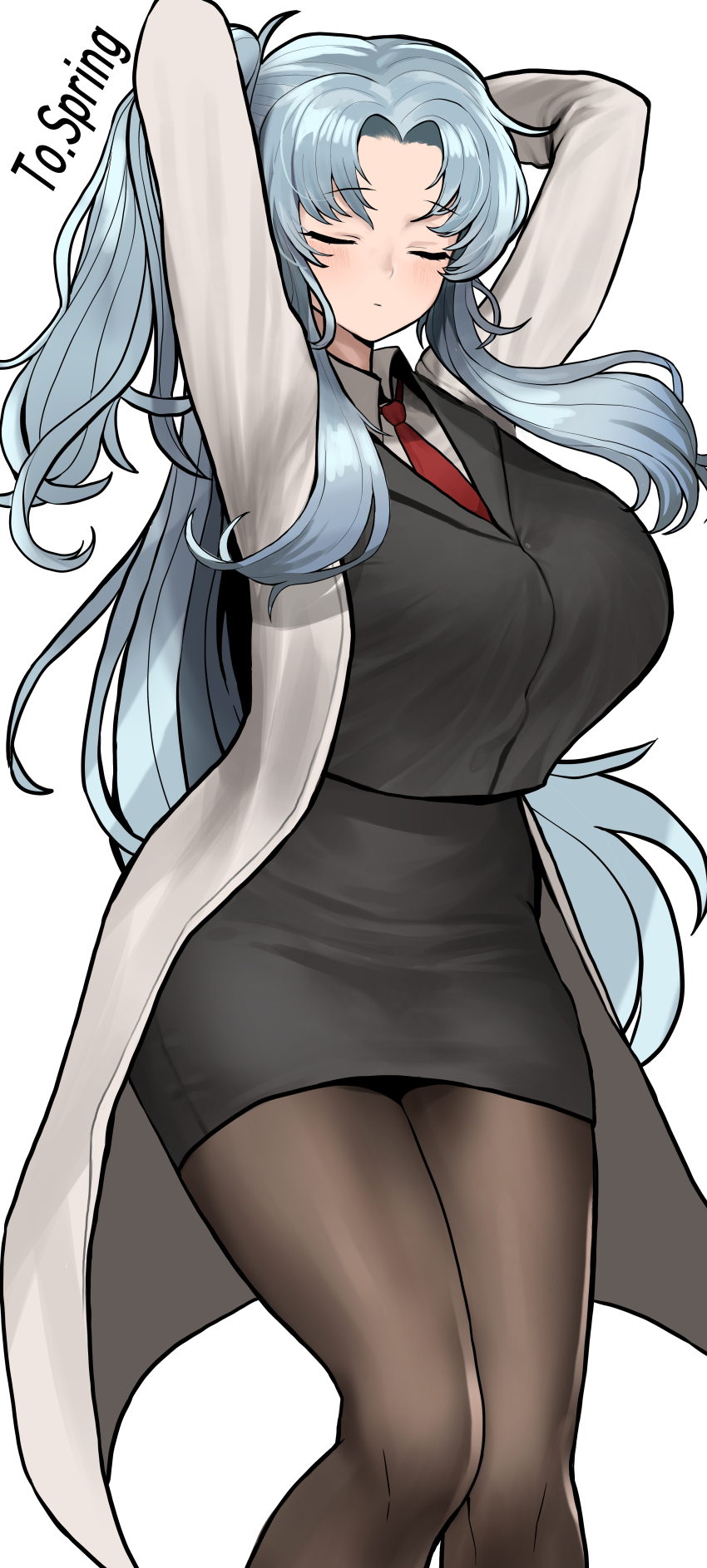 1girl absurdres angela_(project_moon) arms_behind_head blue_hair blush breasts closed_eyes highres large_breasts light_blue_hair lobotomy_corporation necktie pantyhose pencil_skirt project_moon skirt solo