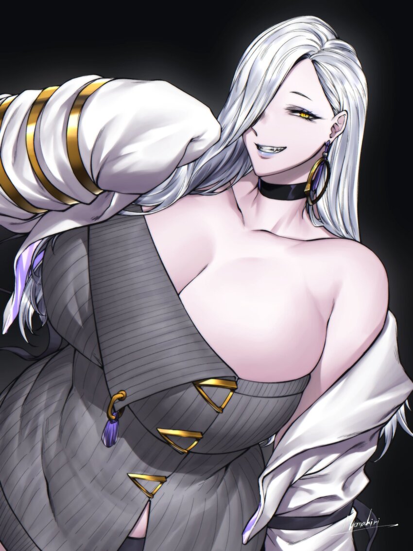 1girl black_background black_choker blue_lips breasts choker cleavage earrings fang fate/grand_order fate_(series) grey_hair grin hair_over_one_eye highres hoop_earrings huge_breasts jacket jewelry lips lipstick makeup namakiri_21 omi-san_(fate) open_clothes open_jacket sleeves_past_fingers sleeves_past_wrists slit_pupils smile solo teeth upper_body yellow_eyes