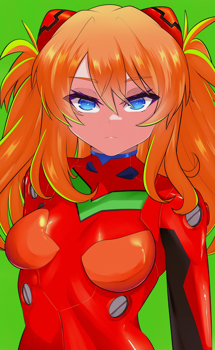 absurdres ben-day_dots blue_eyes bodysuit green_background green_highlights highres interface_headset looking_at_viewer mecha_pilot_suit neon_genesis_evangelion orange_hair plugsuit red_bodysuit screentones shion_(shion_aster) solo souryuu_asuka_langley twintails upper_body