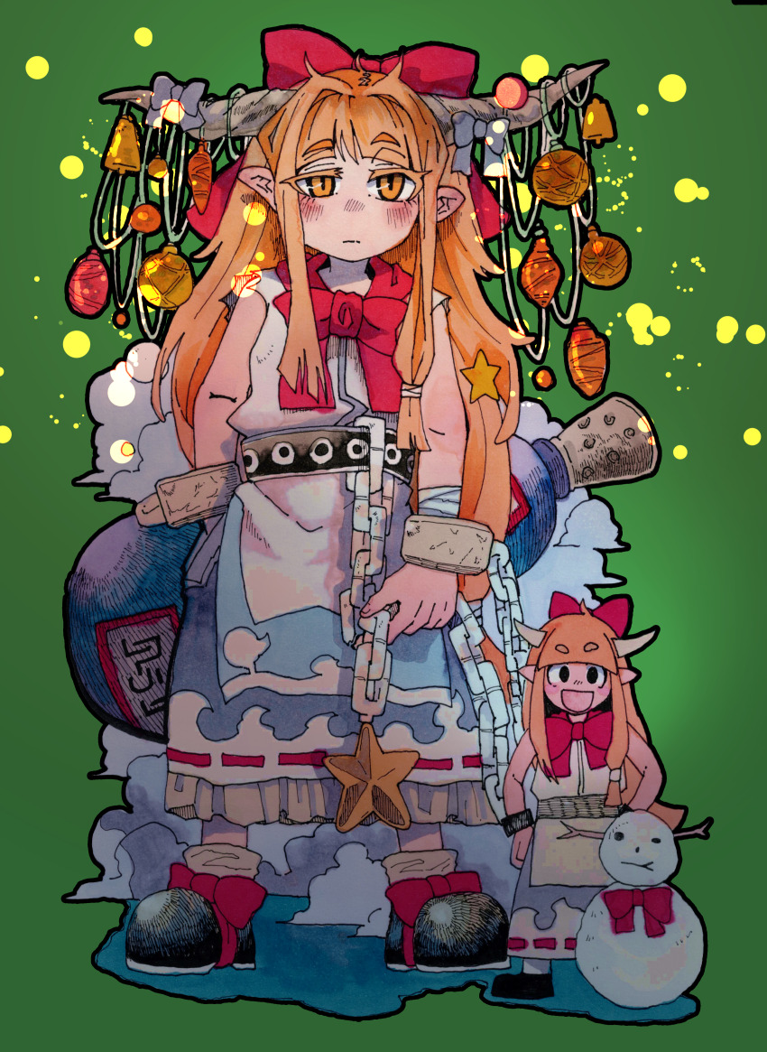 1girl absurdres alcohol blush bow brown_horns chain character_snowman christmas christmas_ornaments cloud commentary_request cuffs dual_persona gourd green_background hair_bow highres horn_bow horn_ornament horns ibuki_suika inuyama_konan long_hair oni orange_hair red_bow sake shackles shirt simple_background skirt sleeveless solo star_(symbol) touhou yellow_eyes