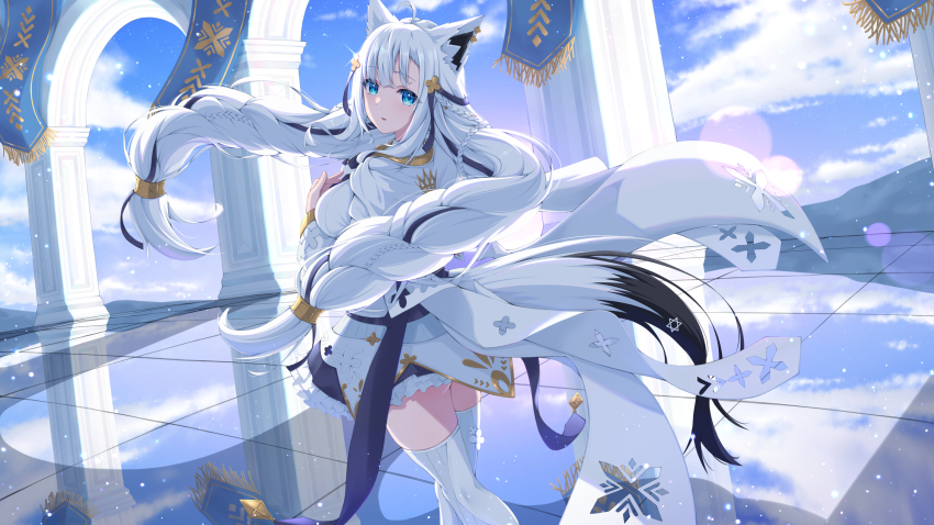 1girl ahoge animal_ear_fluff animal_ear_piercing animal_ears aqua_eyes banner black_tail blue_skirt blue_sky bodice braid cloud corset crown extra_ears feet_out_of_frame floating_crown four-leaf_clover_print fox_ears fox_girl fox_tail framed_breasts frilled_shrug gold_crown gold_sleeve_cuffs gold_wrist_cuffs highres hololive indoors long_hair long_sleeves looking_at_viewer mini_crown mira_bluesky3 multicolored_tail official_alternate_costume pentagram perspective pillar puffy_sleeves ribbed_thighhighs shirakami_fubuki shirakami_fubuki_(saint) shirt sidelocks skirt sky solo tail thighhighs virtual_youtuber white_corset white_hair white_shirt white_tail white_thighhighs