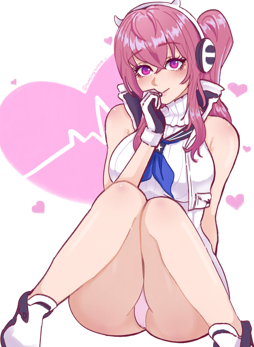 1girl animal_ear_headphones animal_ears bare_shoulders blush breasts bumblingbubble closed_mouth cropped_jacket fake_animal_ears gloves goddess_of_victory:_nikke headphones heart highres jacket knees_together_feet_apart looking_at_viewer medium_breasts panties pantyshot pepper_(nikke) pink_eyes pink_hair ribbed_sweater sailor_collar short_hair_with_long_locks side_ponytail sitting sleeveless solo sweat sweater thighs turtleneck turtleneck_sweater underwear white_gloves white_jacket white_panties white_sweater