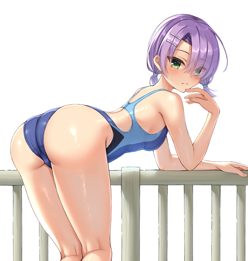 ass blue_one-piece_swimsuit cafe_stella_to_shinigami_no_chou commentary_request competition_swimsuit feet_out_of_frame green_eyes hair_ornament hair_over_one_eye hairpin highleg highleg_one-piece_swimsuit highres hiuchidani_mei long_bangs looking_at_viewer looking_back low_twintails multicolored_clothes multicolored_swimsuit multiple_hairpins ncontrail_(mgax7527) one-piece_swimsuit parted_bangs parted_lips purple_hair simple_background swimsuit twintails white_background