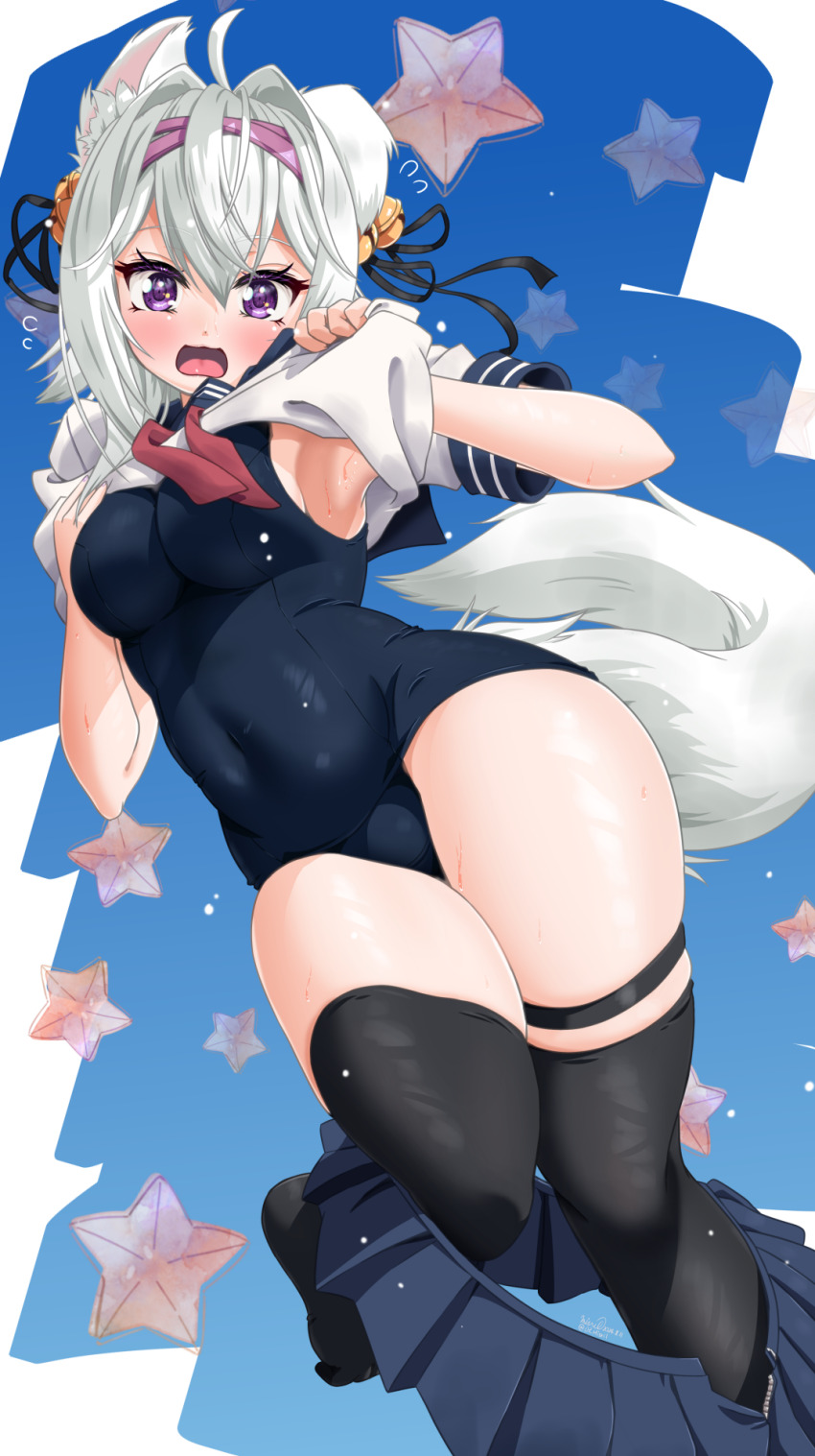 1girl animal_ears bell blue_skirt blush breasts filian_(vtuber) hair_bell hair_ornament highres indie_virtual_youtuber large_breasts misril one-piece_swimsuit open_mouth pleated_skirt purple_eyes skirt solo swimsuit swimsuit_under_clothes tail thick_thighs thigh_strap thighhighs thighs virtual_youtuber wardrobe_malfunction