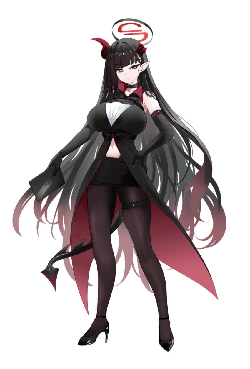 1girl alternate_costume black_gloves black_hair black_halo black_tail blue_archive breasts bright_pupils broken_horn clothing_cutout demon_horns demon_tail elbow_gloves full_body gloves halo highres horns large_breasts navel navel_cutout red_eyes rio_(blue_archive) simple_background solo tail white_background white_pupils yuki_(asayuki101)