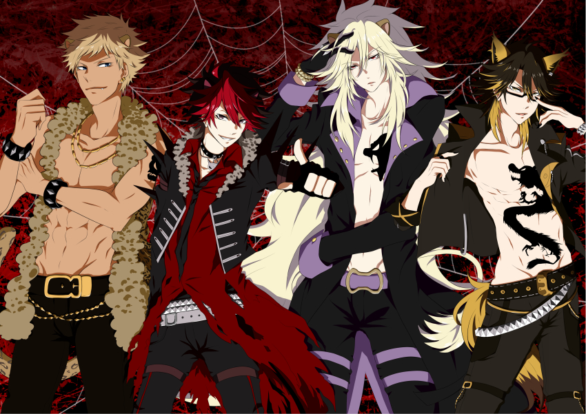 10s 4boys absurdres aion_(show_by_rock!!) animal_ears artist_request black_gloves black_hair black_nails blonde_hair blue_eyes bracelet brown_hair choker crow_(show_by_rock!!) earrings fingerless_gloves glasses gloves hand_in_own_hair highres jewelry long_hair male_focus multiple_boys nail_polish necklace necktie open_clothes open_mouth open_vest pants purple_eyes red_eyes red_hair rom_(show_by_rock!!) topless_male short_hair show_by_rock!! smile tattoo vest yaiba_(show_by_rock!!) yellow_eyes