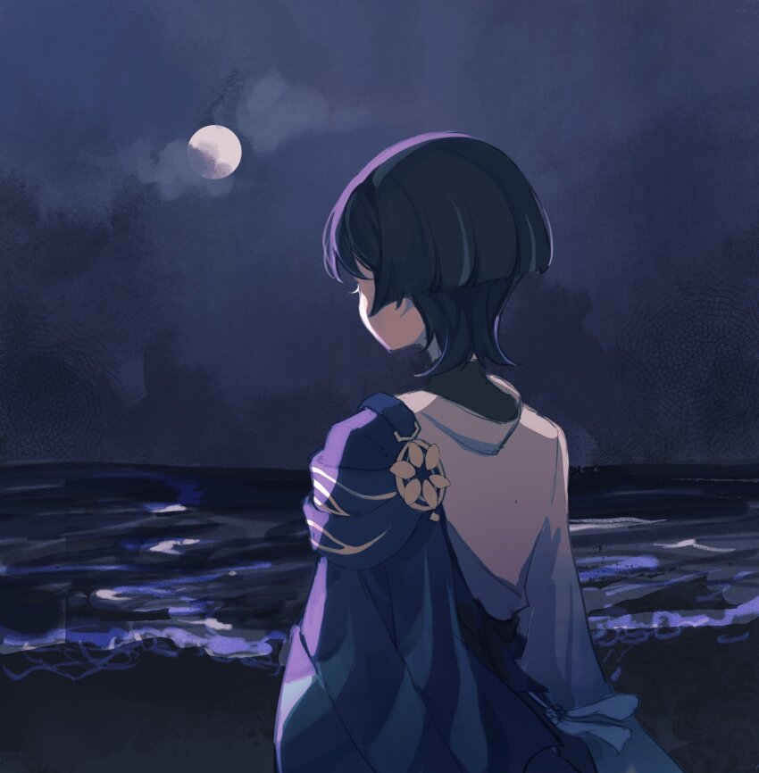 1boy black_hair blue_cape blunt_ends cape cloud cloudy_sky eyelashes facing_away from_behind full_moon genshin_impact gold highres japanese_clothes kimono long_sleeves male_focus moon multicolored_hair night night_sky outdoors scaramouche_(genshin_impact) shore sidelighting sky solo streaked_hair tassel upper_body wanderer_(genshin_impact) white_kimono white_sleeves yaoyuwith