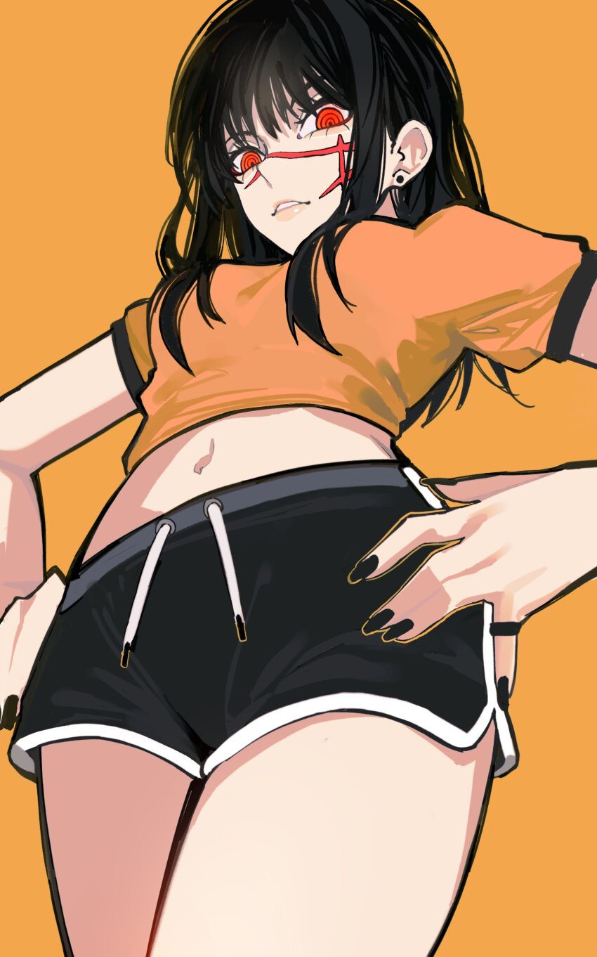 1girl absurdres black_hair chainsaw_man crop_top cross_scar facial_scar highres looking_at_viewer midriff nail_polish navel ringed_eyes sailen0 scar scar_on_cheek scar_on_face scar_on_nose shirt shorts simple_background solo yoru_(chainsaw_man)