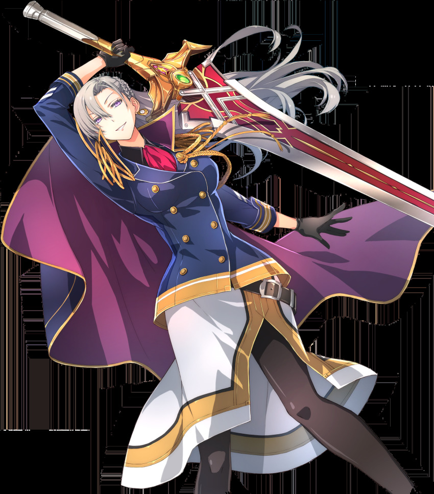 aurelia_le_guin belt belt_buckle braid breasts buckle cape collar earrings eiyuu_densetsu falcom fighting_stance gloves greatsword grey_hair hair_between_eyes hair_blowing highres holding holding_sword holding_weapon jewelry long_hair long_skirt looking_at_viewer medium_breasts official_art pantyhose purple_eyes sen_no_kiseki sen_no_kiseki_(series) sen_no_kiseki_i sen_no_kiseki_iii sen_no_kiseki_iv side_braid skirt sleeve_cuffs smile solo source_request sword tassel transparent_background weapon