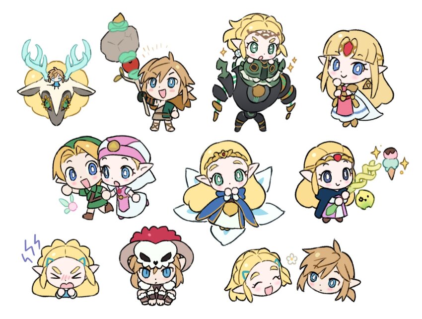 &gt;_&lt; 2boys 4girls barbarian_set_(zelda) blonde_hair blue_eyes blue_flower braid chibi chibi_only closed_mouth commentary_request crown_braid dress earrings fairy flower food fuse_(zelda) gem green_eyes green_hat green_tunic hair_ornament hairclip hat highres holding holding_hands holding_staff holding_weapon ice_cream ice_cream_cone jewelry light_dragon_(zelda) link long_hair looking_at_viewer multiple_boys multiple_girls multiple_persona multiple_views navi nintendo open_mouth opleillle pointy_ears princess_zelda red_gemstone short_hair sidelocks simple_background skull_on_head smile sparkle staff the_legend_of_zelda the_legend_of_zelda:_a_link_between_worlds the_legend_of_zelda:_breath_of_the_wild the_legend_of_zelda:_echoes_of_wisdom the_legend_of_zelda:_ocarina_of_time the_legend_of_zelda:_tears_of_the_kingdom tiara tri_(zelda) tri_rod triforce_earrings tunic weapon white_background young_link young_zelda