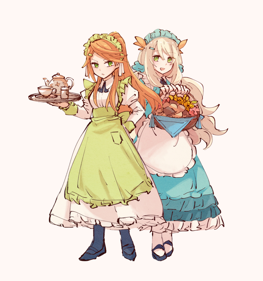 2girls alonemistrist alternate_costume alternate_hairstyle apron blonde_hair celine_(fire_emblem) cup dress etie_(fire_emblem) fire_emblem fire_emblem_engage frilled_apron frilled_hairband frills green_apron green_eyes hairband high_ponytail highres holding holding_tray long_hair multiple_girls nintendo orange_hair teapot tray