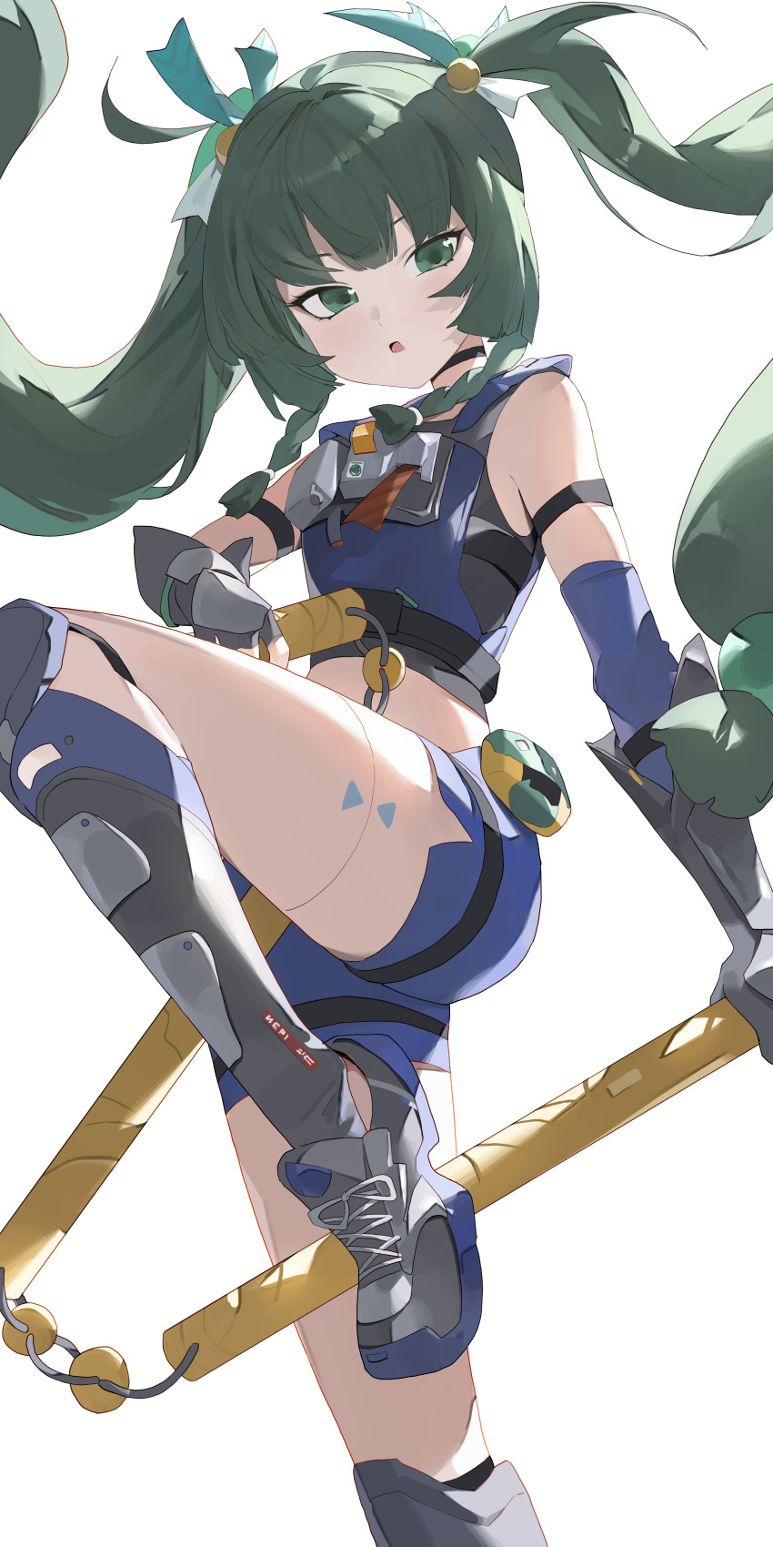 1girl absurdres arm_strap bare_shoulders blue_shorts commentary crop_top foot_out_of_frame gosmfl green_eyes green_hair hair_ribbon highres long_hair looking_at_viewer midriff open_mouth qingyi_(zenless_zone_zero) ribbon shirt shoes short_shorts shorts simple_background sleeveless sleeveless_shirt sneakers solo standing standing_on_one_leg thighs twintails very_long_hair white_background zenless_zone_zero