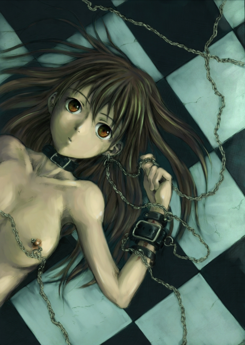 1girl bdsm bondage bound brown_eyes brown_hair chain character_request checkered_floor copyright_request floor highres long_hair nipple_piercing nipples nude piercing rei_oe source_request