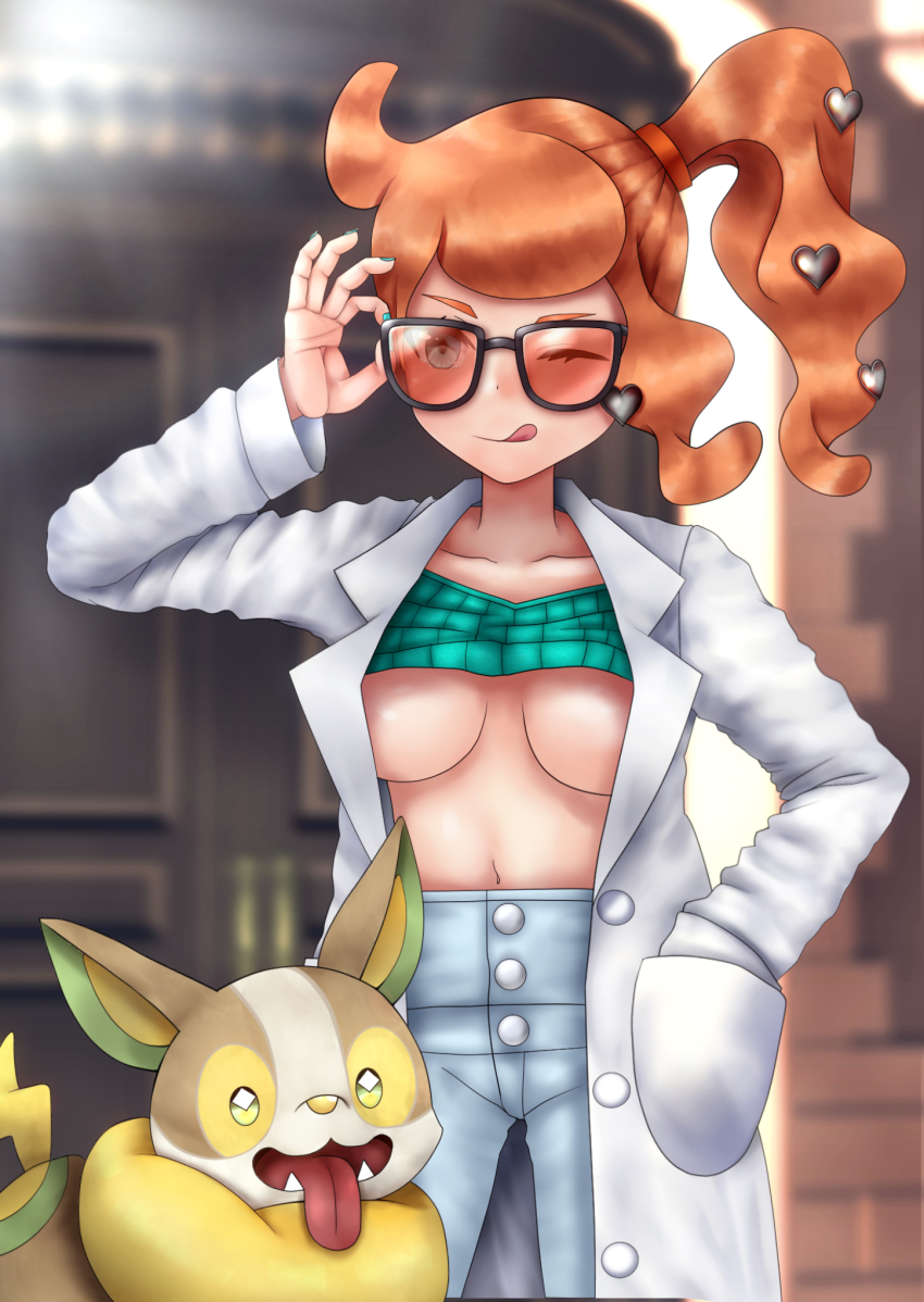 1girl adjusting_eyewear adjusting_glasses aqua_eyes aqua_nails blurry blurry_background breasts closed_mouth clothes_lift coat creatures_(company) fangs game_freak gen_8_pokemon hair_ornament hand_in_pocket heart heart_hair_ornament highres hiron lab_coat large_breasts licking_lips looking_at_viewer lying medium_breasts midriff nail_polish nintendo no_bra on_back one_eye_closed open_clothes open_coat open_mouth open_shirt orange-tinted_eyewear orange_hair pokemon pokemon_(creature) pokemon_swsh short_hair side_ponytail smile sonia_(pokemon) standing sunglasses sweater sweater_lift tinted_eyewear tongue tongue_out wink yamper