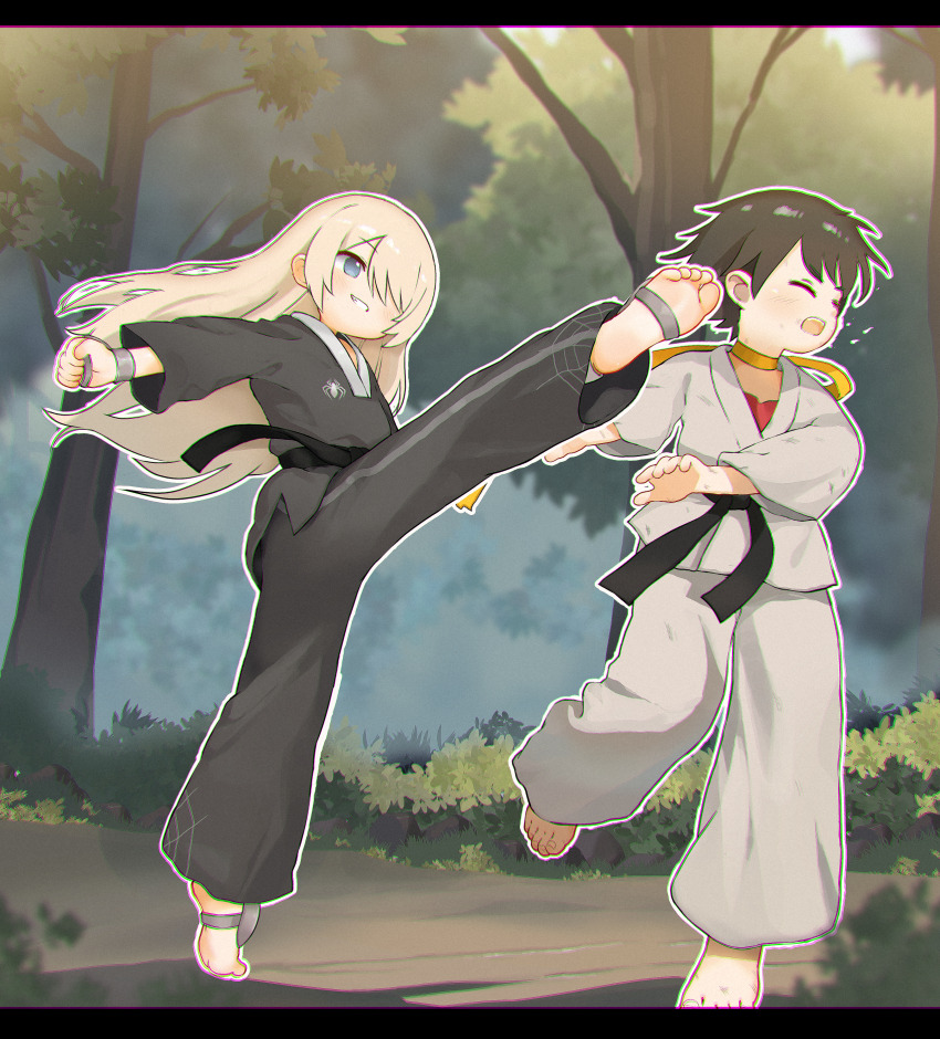 2girls absurdres barefoot belt black_belt black_pants blonde_hair blue_eyes chinese_commentary clenched_hand closed_eyes commentary_request dougi forest hair_over_one_eye high_kick highres karate kicking kuma-bound letterboxed long_hair makoto_(street_fighter) martial_arts_belt multiple_girls nature open_mouth original outdoors pants short_hair smile street_fighter street_fighter_iii_(series) toes