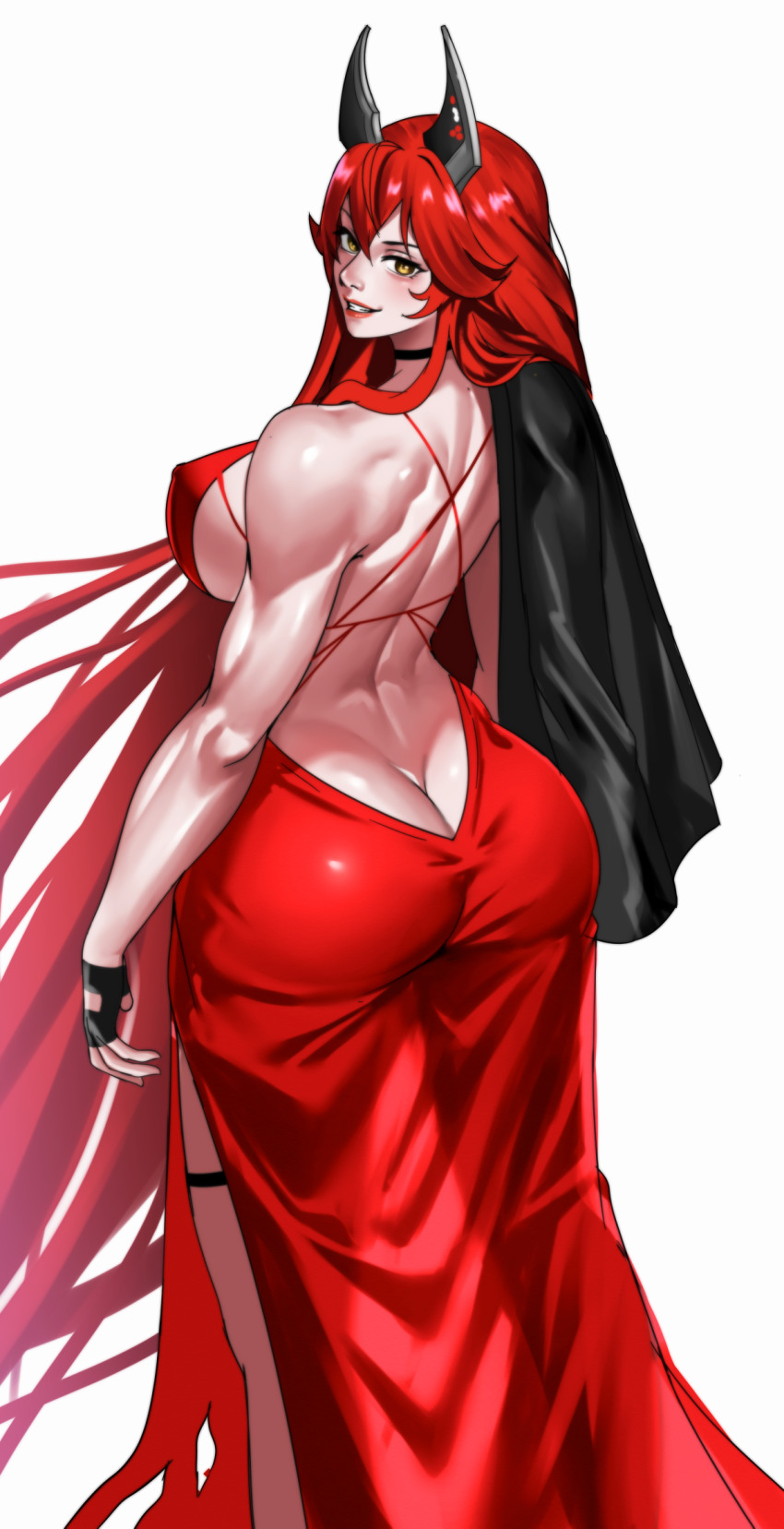 1girl ass back bare_back black_gloves butt_crack dress fingerless_gloves from_behind gloves goddess_of_victory:_nikke highres horns jacket jacket_on_shoulders long_hair looking_at_viewer looking_back red_hair red_hood_(nikke) red_hood_(nonsense_red)_(nikke) side_slit solo standing toned very_long_hair white_background zinfian