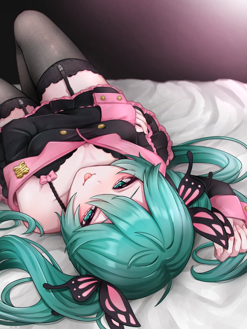 1girl :p absurdres aqua_eyes aqua_hair bed_sheet black_bra black_garter_straps bra butterfly_hair_ornament fine_fabric_emphasis frilled_skirt frills garter_straps hair_ornament hatsune_miku hatsune_miku_(honey_whip) highres hime_gyaru lace lace-trimmed_legwear lace-trimmed_thighhighs lace_trim layered_skirt neru_(me_o_u) off_shoulder on_bed skirt solo sweet_devil_(vocaloid) thighhighs tongue tongue_out twintails underwear vocaloid