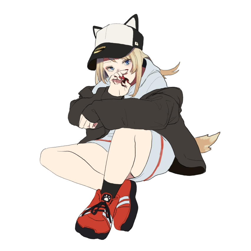 1girl animal_ears baseball_cap black_jacket blonde_hair blue_eyes brown_hair dog_ears dog_tail full_body hat highres hood hood_down hoodie jacket ken_sogen kmnz long_hair long_sleeves looking_at_viewer lita_(kmnz) nail_polish red_footwear shoes simple_background sitting sneakers solo tail virtual_youtuber white_background