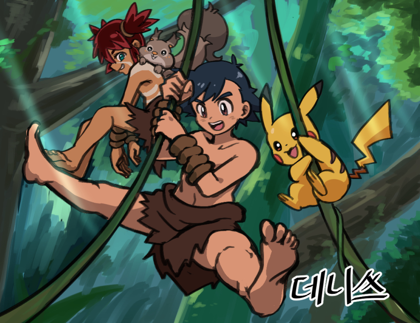 2boys :d alternate_costume ash_ketchum barefoot black_hair brown_eyes commentary creatures_(company) day game_freak gen_1_pokemon gen_8_pokemon gigobyte350 holding koko_(pokemon) loincloth male_focus multiple_boys nintendo open_mouth outdoors pikachu plant pokemon pokemon_(anime) pokemon_(creature) pokemon_the_movie:_secrets_of_the_jungle short_hair skwovet smile swinging teeth toes topless tree upper_teeth_only vines