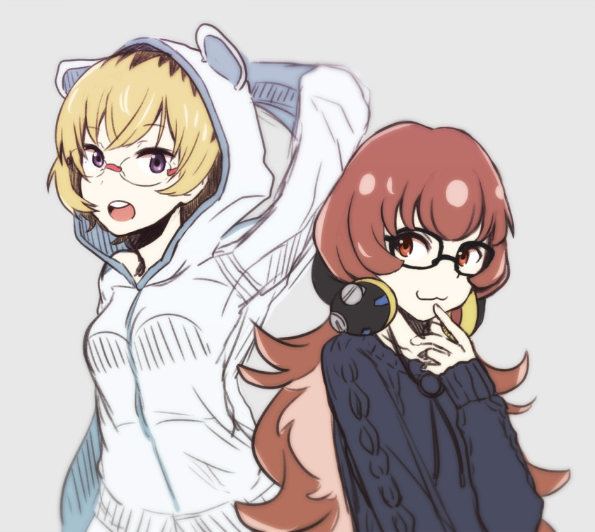 10s 2girls akku_lude aran_sweater blonde_hair brown_hair cable_knit daihatsu_meika glasses headphones hikiotani_ito hood hoodie long_hair multiple_girls punch_line punchline purple_eyes short_hair sweater