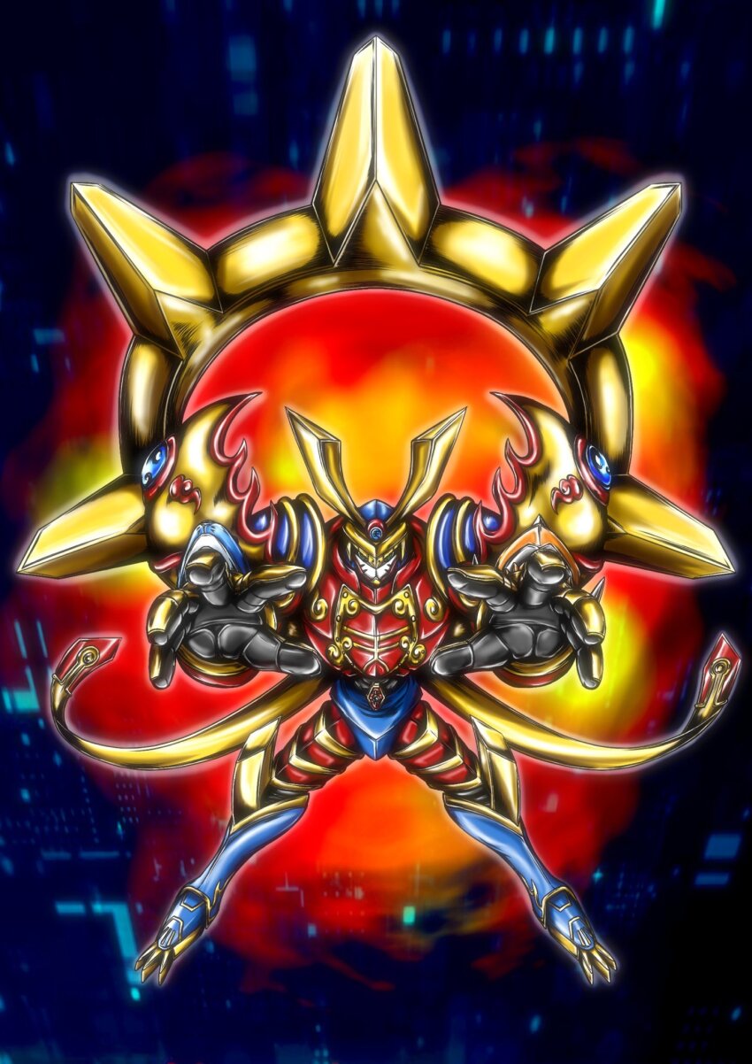 armor digimon digimon_(creature) fire full_armor fusion highres looking_at_viewer open_hands solo susanoomon