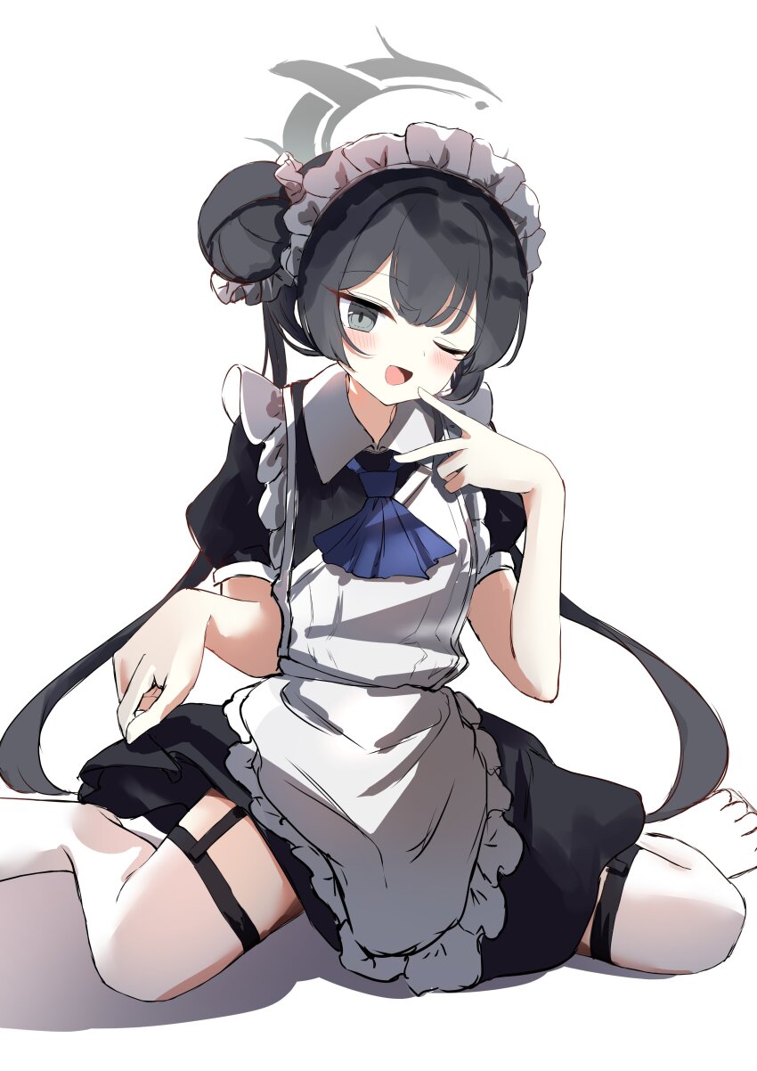 1girl :d absurdres apron ascot black_dress black_hair blue_archive blue_ascot clothes_lift collar commentary dress farat0827 garter_straps grey_eyes grey_halo hair_bun hair_ornament hair_scrunchie halo highres kisaki_(blue_archive) long_hair maid maid_apron maid_headdress one_eye_closed open_mouth scrunchie simple_background sitting skirt skirt_lift smile solo thighhighs twintails v wariza white_apron white_background white_collar white_thighhighs