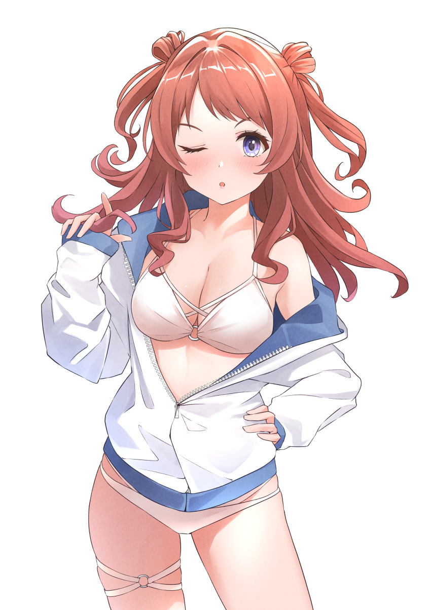 1girl ;o absurdres b1ack_illust bikini blush breasts brown_hair cleavage collarbone gakuen_idolmaster hanami_saki hand_on_own_hip highres idolmaster jacket long_hair looking_at_viewer medium_breasts o-ring o-ring_bikini o-ring_thigh_strap one_eye_closed partially_unzipped solo swimsuit thigh_strap two_side_up white_bikini white_jacket