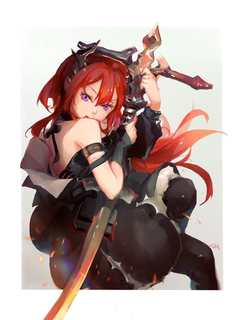 1girl absurdres arknights bare_shoulders black_dress collar demon_girl demon_horns dress highres holding holding_weapon horns jacket long_hair looking_at_viewer purple_eyes red_hair shir_l1 surtr_(arknights) weapon