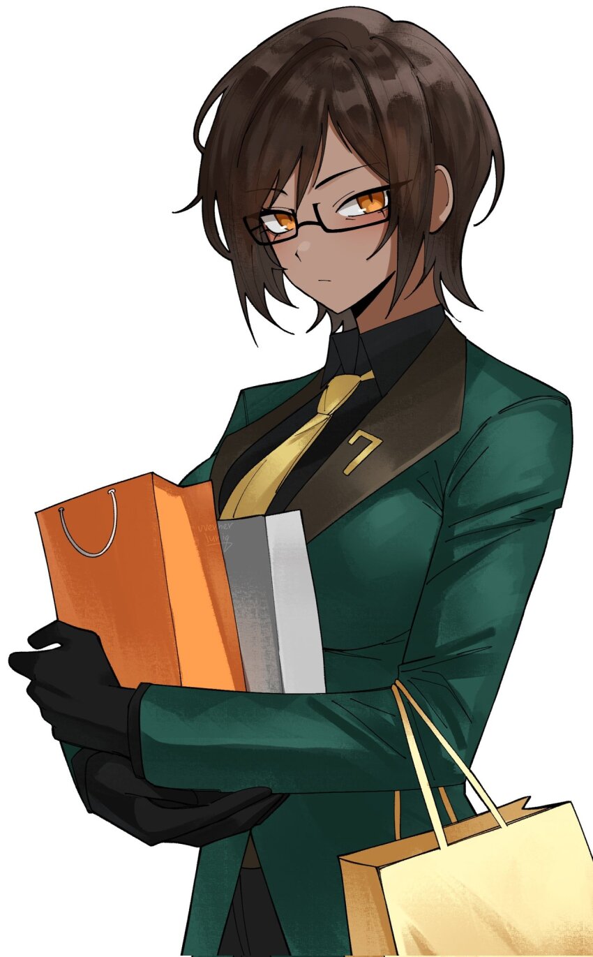 1girl alternate_costume bag black_gloves brown_hair dark-skinned_female dark_skin formal_clothes glasses gloves green_suit highres limbus_company long_sleeves orange_eyes outis_(project_moon) project_moon shopping_bag simple_background solo suit vvernerluniq white_background