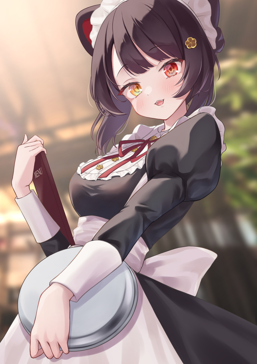 1girl absurdres animal_ears apron black_dress blurry blurry_background blush brown_hair dog_ears dog_girl dress fang hair_ornament heterochromia highres holding holding_menu holding_plate inui_toko inui_toko_(7th_costume) inui_toko_(8th_costume) juliet_sleeves long_sleeves looking_at_viewer maid maid_apron maid_headdress menu nijisanji official_alternate_costume open_mouth plate puffy_sleeves red_eyes regimiruku short_hair smile solo virtual_youtuber white_apron yellow_eyes