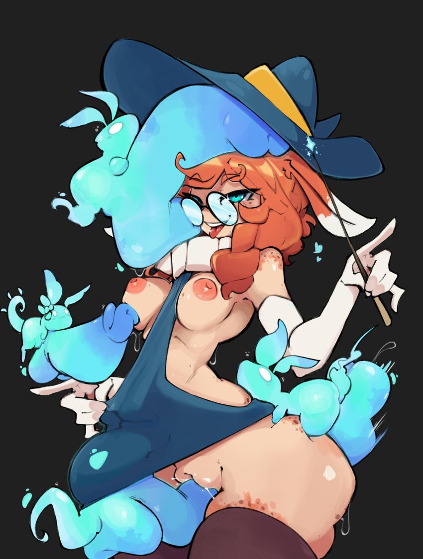 1girl absurdres animal_ears aurora_(league_of_legends) bestiality black_background black_dress black_hat black_thighhighs breasts dress ghost glasses hat highres holding holding_wand huge_penis league_of_legends medium_breasts medium_hair nipples orange_hair penis pussy rabbit_ears rabbit_girl round_eyewear simple_background tail testicles thighhighs tongue tongue_out twenty_(2enty) wand witch_hat