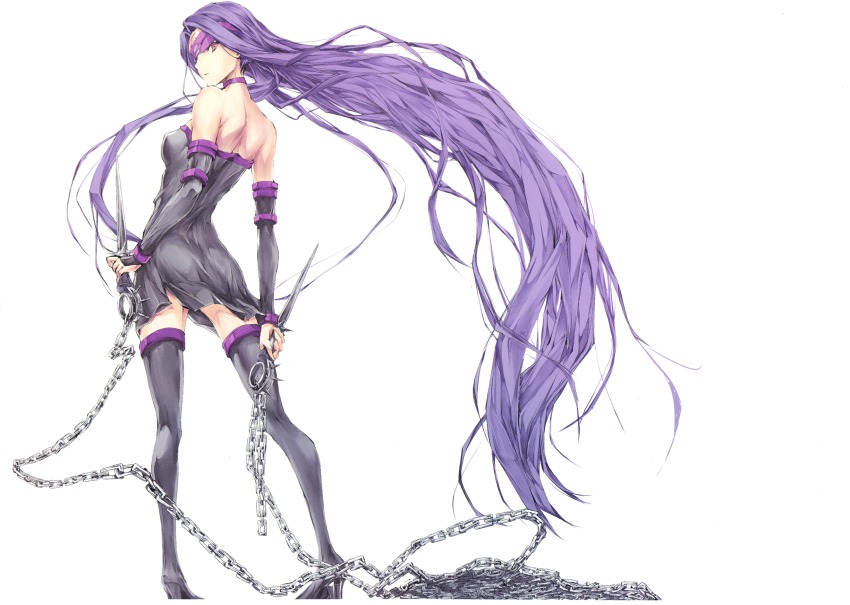 1girl absurdly_long_hair bare_shoulders black_dress black_thighhighs blindfold boots bridal_gauntlets chain choker contrapposto dress facial_mark fate/stay_night fate_(series) female_focus forehead_mark from_behind full_body high_heel_boots high_heels highres kizuki_aruchu long_hair looking_back medusa_(fate) medusa_(rider)_(fate) multicolored_eyes nameless_dagger_(fate) purple_eyes purple_hair simple_background solo spikes square_pupils standing thigh_boots thighhighs very_long_hair weapon white_background yellow_eyes zettai_ryouiki