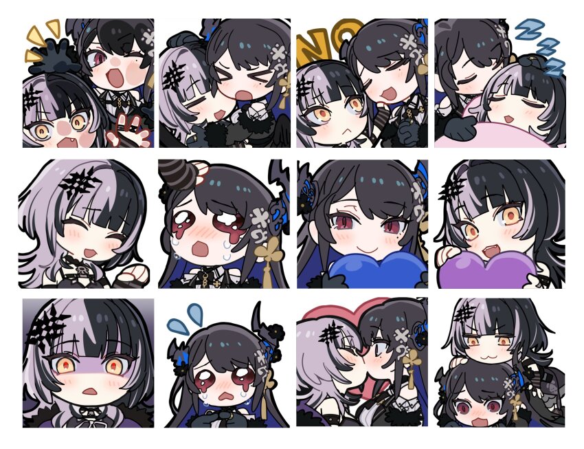 &gt;_&lt; :3 against_fourth_wall black_hair blue_hair blush chibi chibi_only closed_eyes closed_mouth commentary_request fang heart highres hololive hololive_english horns kiss long_hair mole mole_under_eye multicolored_hair multiple_girls nerissa_ravencroft nerissa_ravencroft_(1st_costume) one_eye_closed open_mouth shaded_face shiori_novella shiori_novella_(1st_costume) sleeping teeth tongue uneven_eyes upper_teeth_only virtual_youtuber yomosaka yuri zzz