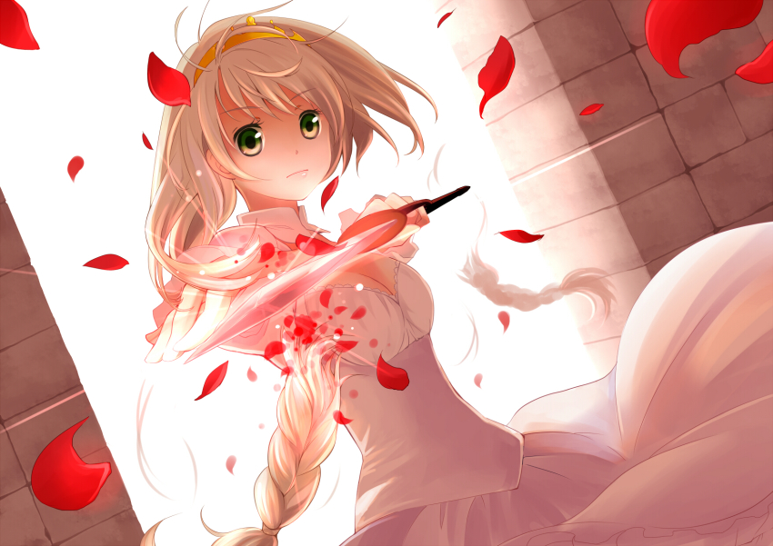 1girl ahira_yuzu braid breasts cleavage cutting_hair dress female_focus green_eyes hairband highres holding holding_knife knife long_hair original petals reverse_grip silver_hair solo white_dress